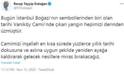 Cumhurbaşkanı Recep Tayyip Erdoğan Vaniköy Camii’nde çıkan yangın ile ilgili açıklama yaptı