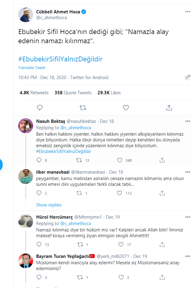 Cübbeli Ahmet Hoca'da Ebubekir Sefil'e sahip çıktı namazı kılınmasın!