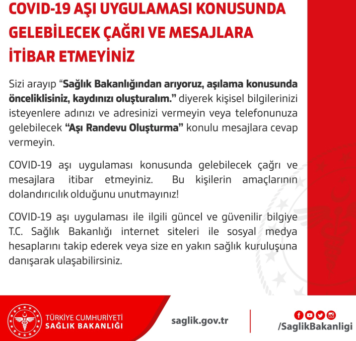 COVID-19 aşı uygulaması konusunda tanımadığınız numaralardan çağrı ve mesajlara itibar etmeyin