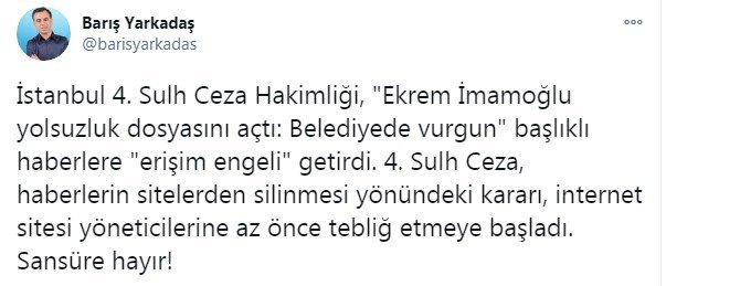 Ekrem İmamoğlu yolsuzluk dosyasını açtı haberlerine erişim engeli gelince Barış Yarkadaş sansüre hayır dedi!