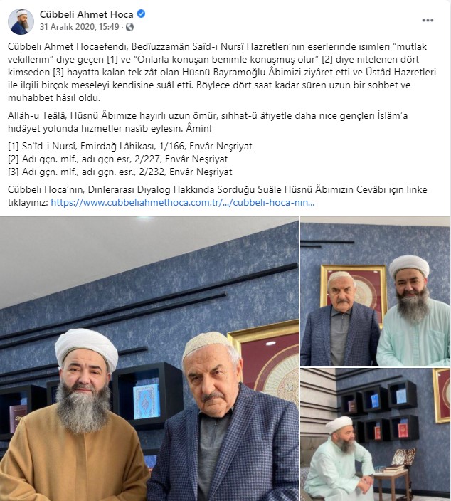 Cübbeli Ahmet'in ziyareti cemaati ayağa kaldırdı: Hurma pazarlamacısı fırıldak ile ne işin var? Cübbeli Ahmet Hoca isimli kişinin  Vatan Haini Said Nursi'nin talebeleri için'de olan Hoca ile buluşması kendi cemaati için'de tartışmalara sebep oldu. Cübbelinin buluştuğu kişi daha önce Fetö ile anılmıştı!