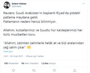 Müslümanların Ölümüne Sebep Olan Suudi Arabistan için Ak Troller Taziye Mesajı Yayınladı