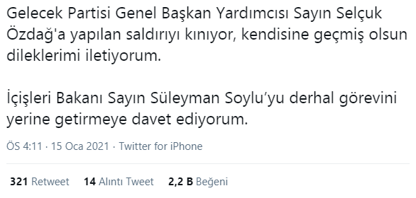 Millet ittifakı ve diğer parti liderleri Süleyman soyluyu görevini yerine getirmeye davet ediyor, Gelecek partisi genel başkan yardımcısına yapılan saldırı sonrası bir çok partili Süleyman Soyludan açıklama bekliyor.