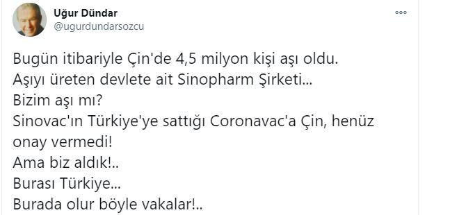 Uğur Dündar Açıkladı Çin aşısı için henüz Çin onay vermedi ama Türkiye Onay verdi!