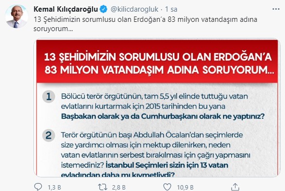 Kemal Kılıçdaroğlu: Gara'da 13 şehidin sorumlusu Recep Tayyip Erdoğan!