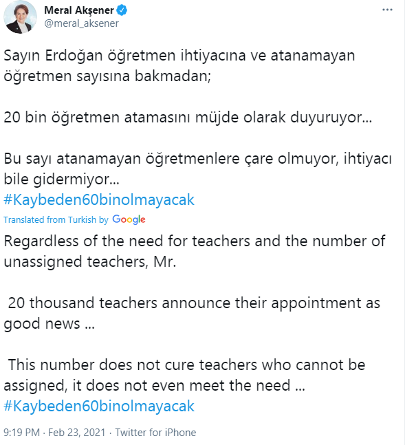 Akşener'den Erdoğan'a öğretmen ataması tepkisi Bu sayı atanamayan öğretmenlere çare olmuyor