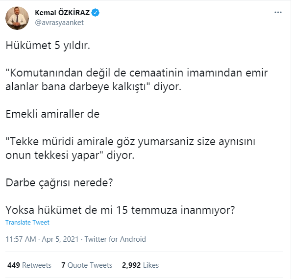 Anketör Kemal ÖZKİRAZ: Yoksa hükümet de mi 15 temmuza inanmıyor?