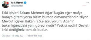 "Ağar’ın bakanlığınızdaki yeni görevi nedir? Yetkisi nedir?" diye sordu ve "Devlet krizi dediğimiz tam da budur" dedi.