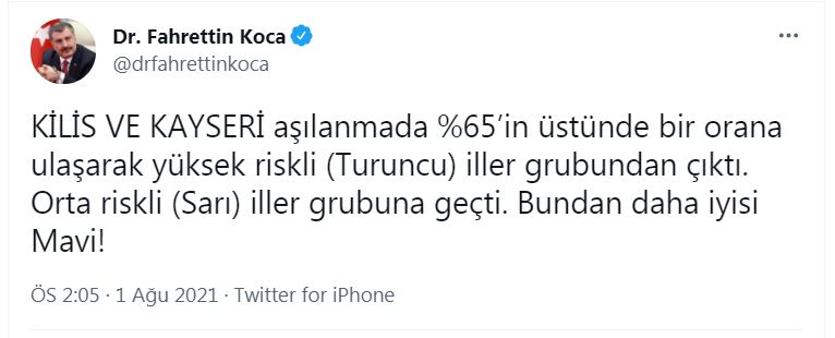 Kilis ve Kayseri %65'in üstünde bir orana ulaşarak yüksek riskli iller grubundan çıktı