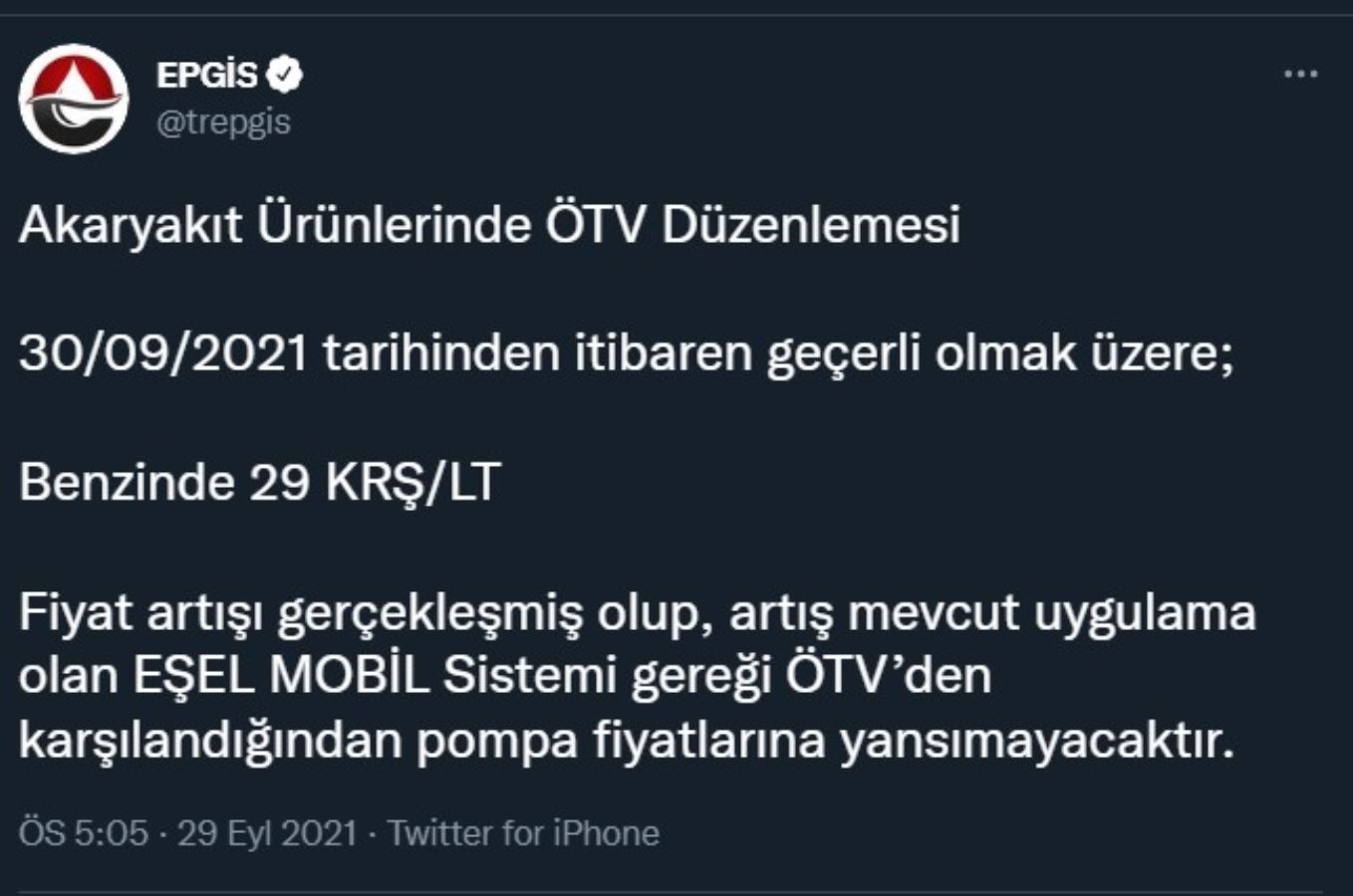 Benzine 30 Eylül'den itibaren geçerli olmak üzere 29 kuruş zam geldi