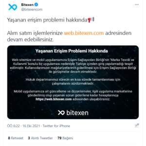 Yaşanan erişim problemi hakkında????  Alım satım işlemlerinize https://web.bitexen.com adresinden devam edebilirsiniz.