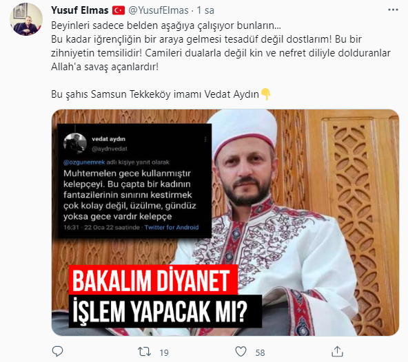 Samsun Tekke Köy İmamı Vedat Aydın'dan nefret dolu Sedef Kabaş Paylaşımı!