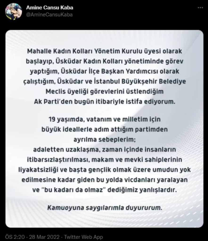 Ak Parti Üsküdar İBB Meclis Üyesi Amine Kaba istifa etti! Adaletten uzaklaşıldı! Bu kadarda olmaz!