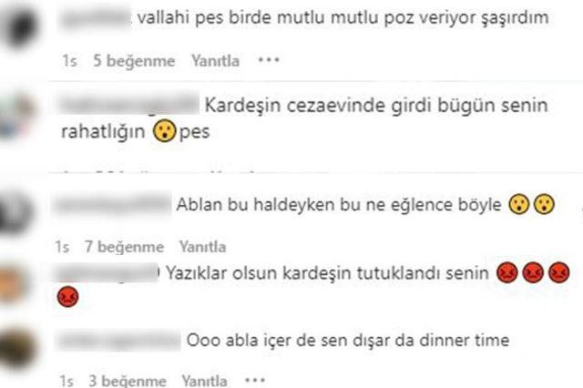 Ersoy, ablasının cezaevine gönderildiği günün akşamı balıkçıda yemek yerken çekilmiş pozlarını Instagram hesabında yayınladı.