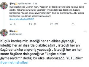 "KEŞKE ELBİSE GİYMESEYDİM" Olaya şahitlik eden bir vatandaş, yaşadıklarını sosyal medya hesabından şu sözlerle paylaştı:  "Küçükçekmece Cennet mah. Yaşanan bir taciz olayıyla karşı karşıya denk geldik. Yabancı uyruklu bir Şerefsiz 14 yaşındaki kıza taciz etti. Küçük kardeşimiz “keşke elbise giyinmeseydim” diye bir cümle kurdu.. Bu küçük kardeşimiz için kimse sessiz kalmasınnnn.  Küçük kardeşimiz istediği her an elbise giyeceği , istediği her an dışarda olabileceğini , istediği her an özgürce takılıp alışveriş yapacağı , istediği her an her saate özgürce dolaşacağı ve “keşke elbise giymeseydim” dediği bir ülke istiyoruzzZZ. YETERRrrr."