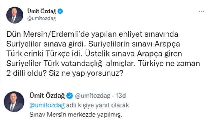 Ümit Özdağ: Dün Mersin Erdemli'de yapılan ehliyet sınavında Suriyeliler sınava girdi iddiası