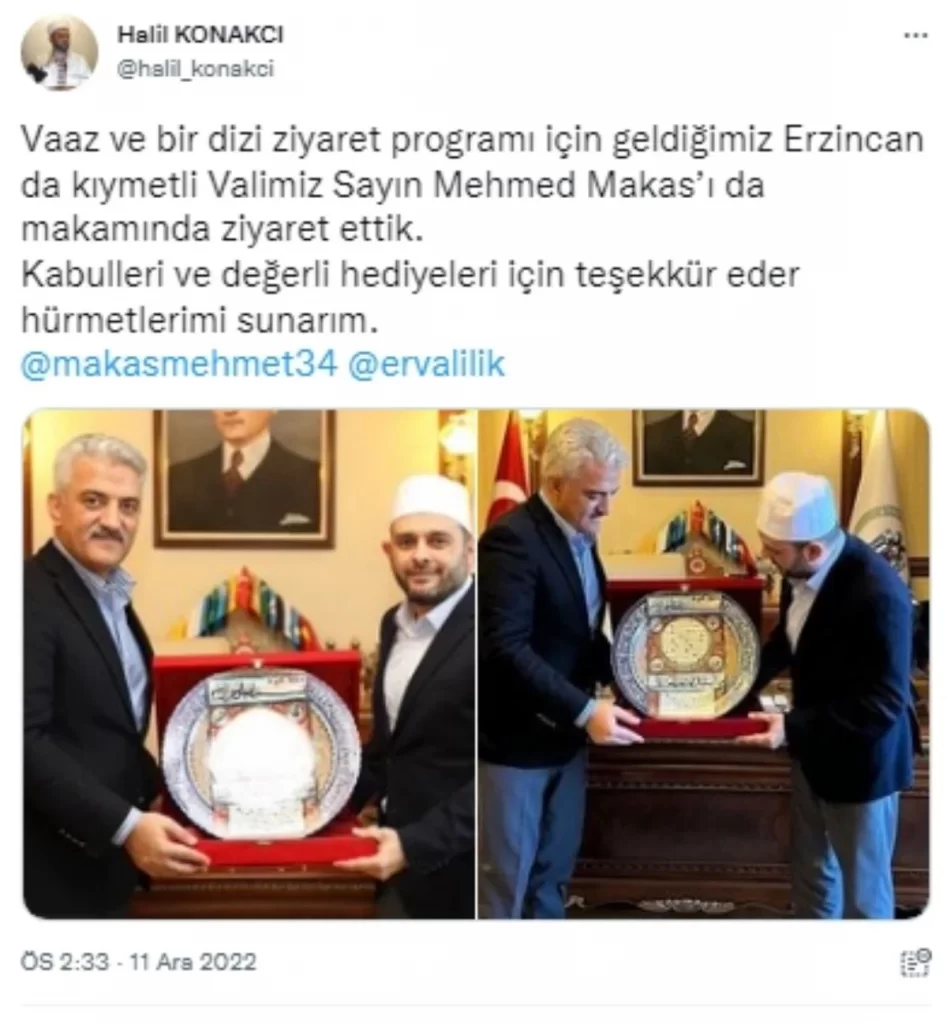 Hilafetçi imam Halil Konakcı'yı Erzincan Valisi Mehmet Makas makamında ağırladı