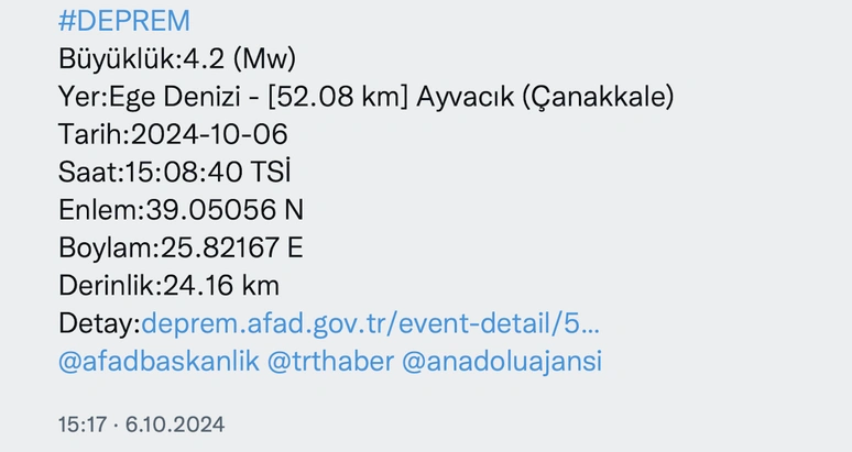 Çanakkale'de 4.2 büyüklüğünde deprem oldu